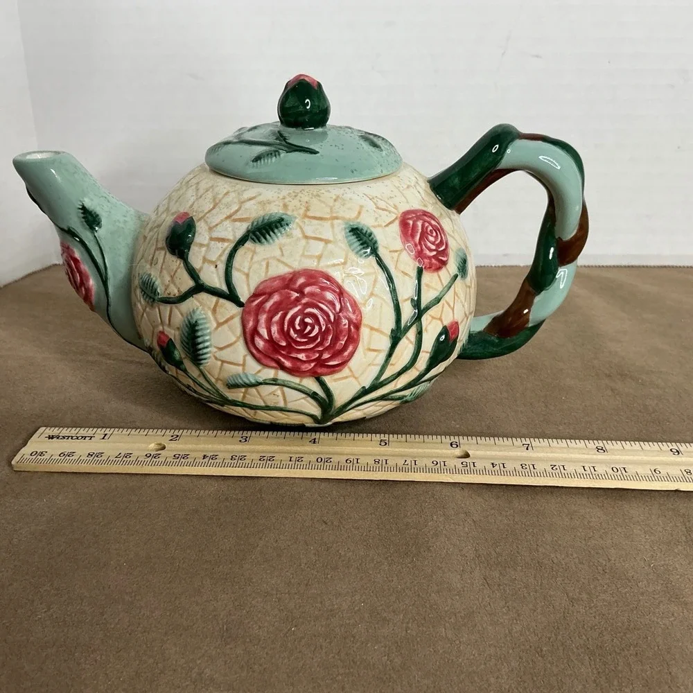 Flowers Inc Balloons Hand‎ Painted Ceramic Teapot Roses Green Aqua Brown Handle